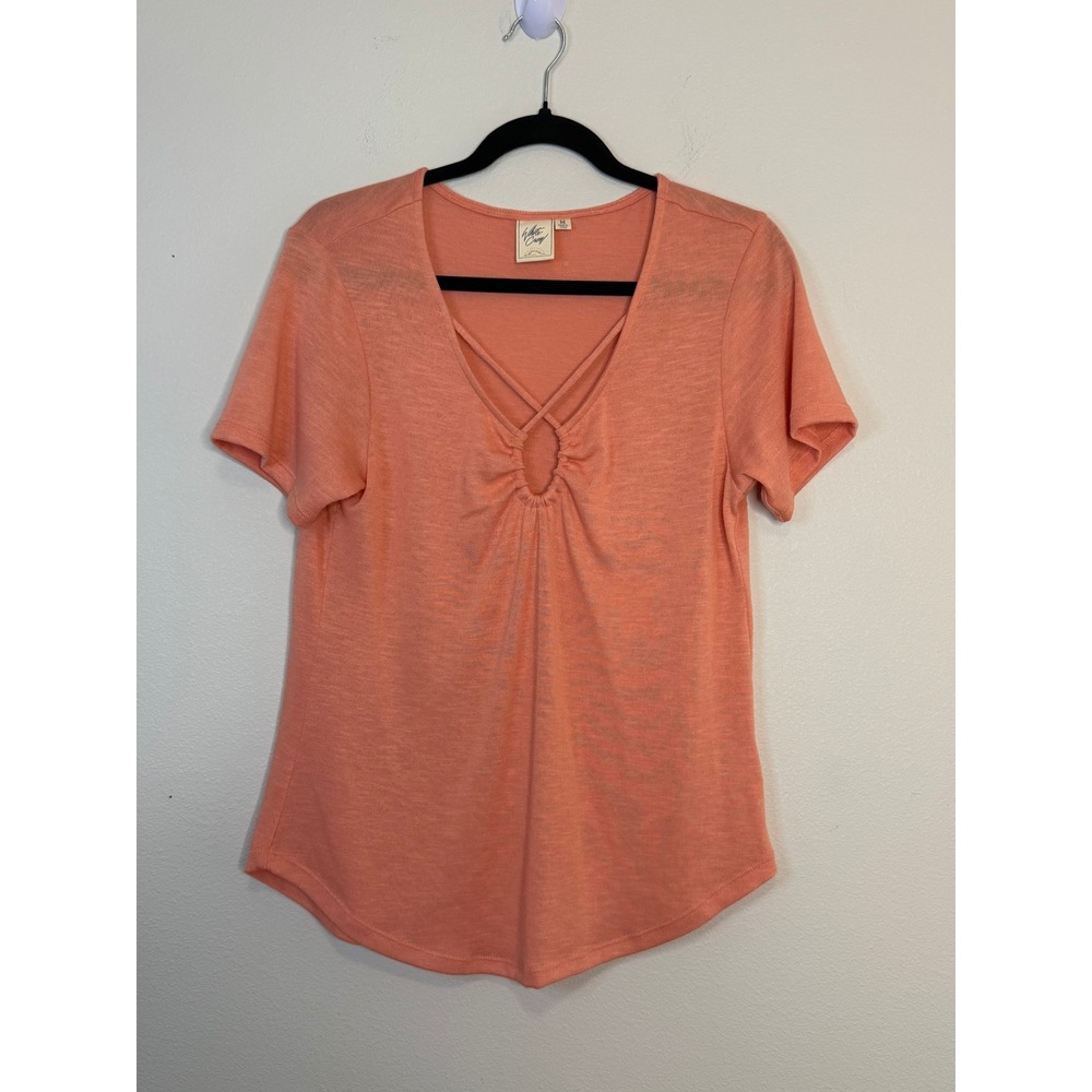 White Crow Coral Peach Slub Knit Strappy V-Neck Keyhole Short Sleeve Top Medium